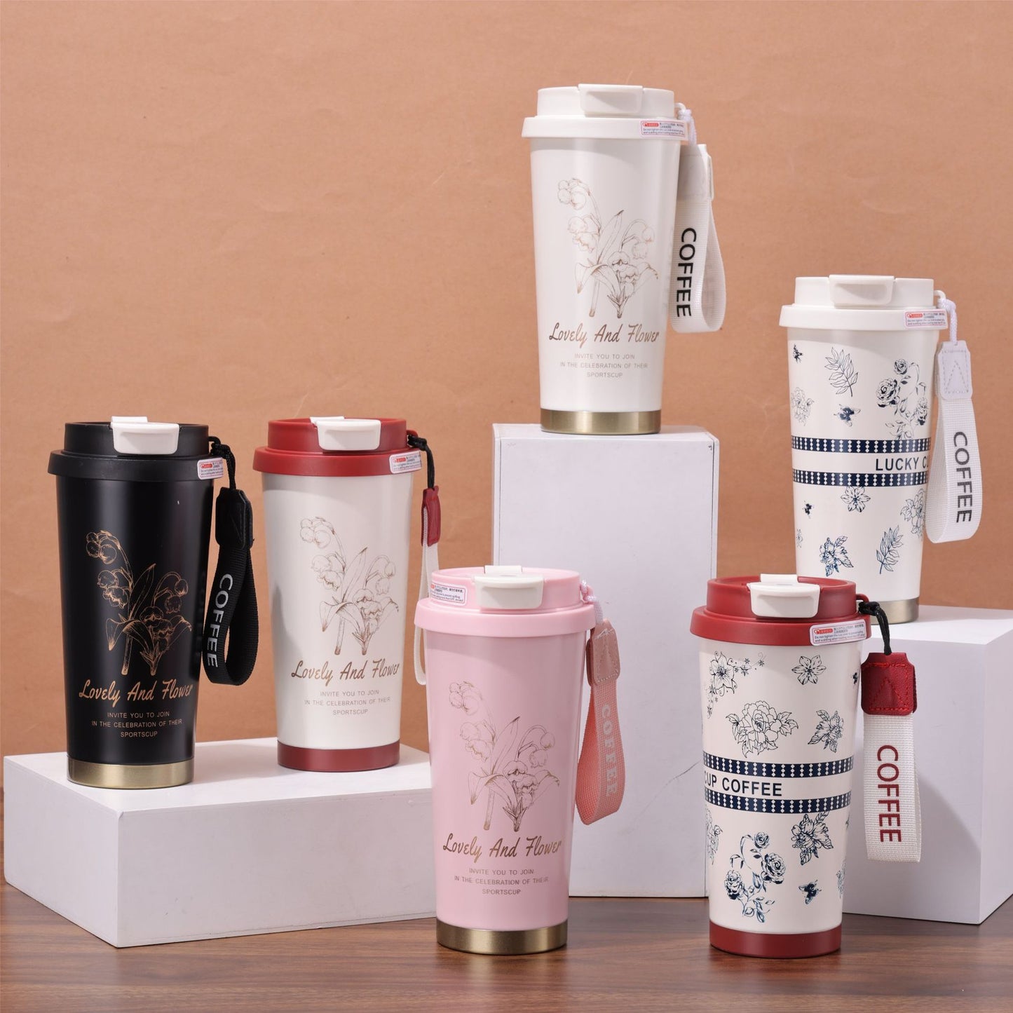 Chinese Style Floral Coffee Cup Double Drinking 304 Stainless Steel Insulated Cup