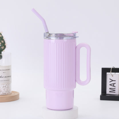 Striped 40oz Large Capacity Straw Cup 304 Stainless Steel Handle Portable