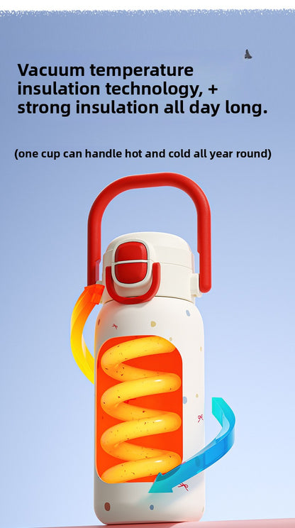 316L Cartoon Children's Insulated Cup Double Drinking Straw Cup Student Portable Water Cup