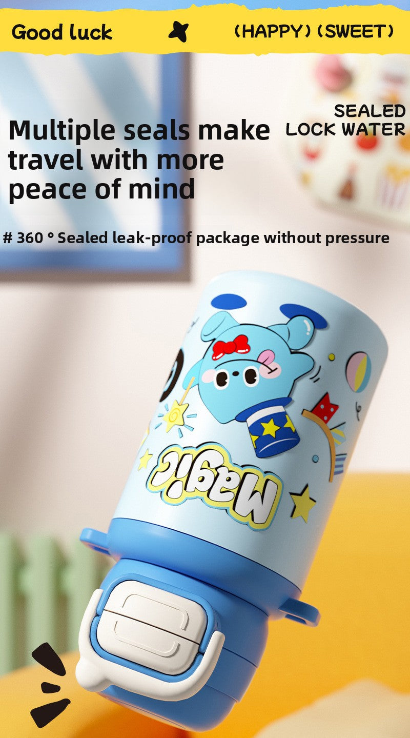 316 Stainless Steel Cartoon Pattern Children's Insulated Water Bottle with Strap and Pop-up Lid