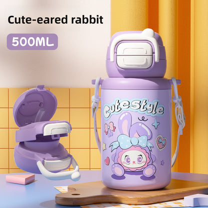 316 Stainless Steel Cartoon Pattern Children's Insulated Water Bottle with Strap and Pop-up Lid