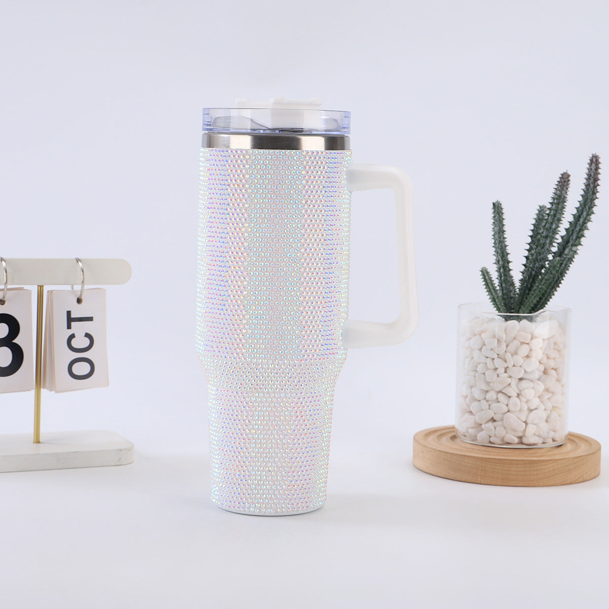 40oz Diamond-Studded Portable Insulated Cup with Handle for Car Use