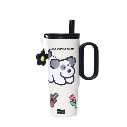 Puppy Pattern 316 Stainless Steel Large Capacity Insulated Cup with Handle and Straw
