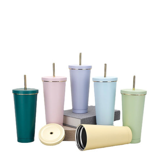 304 stainless steel gold-rimmed lid straw cup large capacity portable cup fashion gift coffee cup