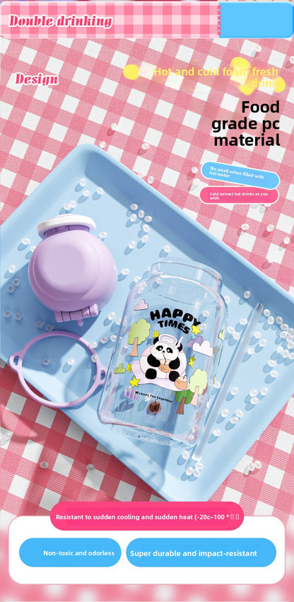 Cartoon Strap Plastic Cup Children's Panda Straw Cup Student Portable