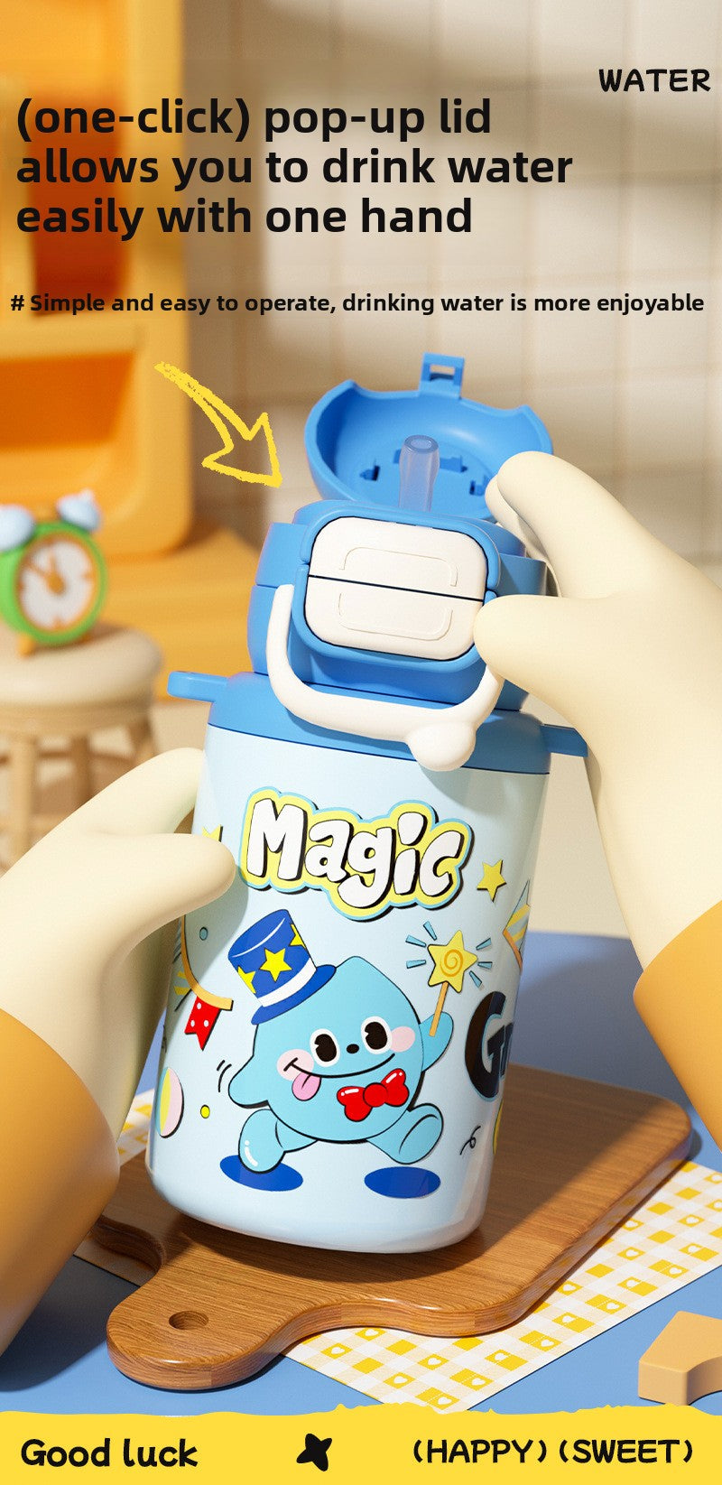 Cartoon Children's Double Drinking 316 Stainless Steel Insulated Cup Student Straw Cup Portable Strap
