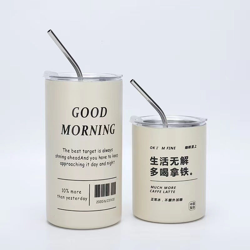 304 Stainless Steel Iced Americano Coffee Cup Simple Office Portable Straw