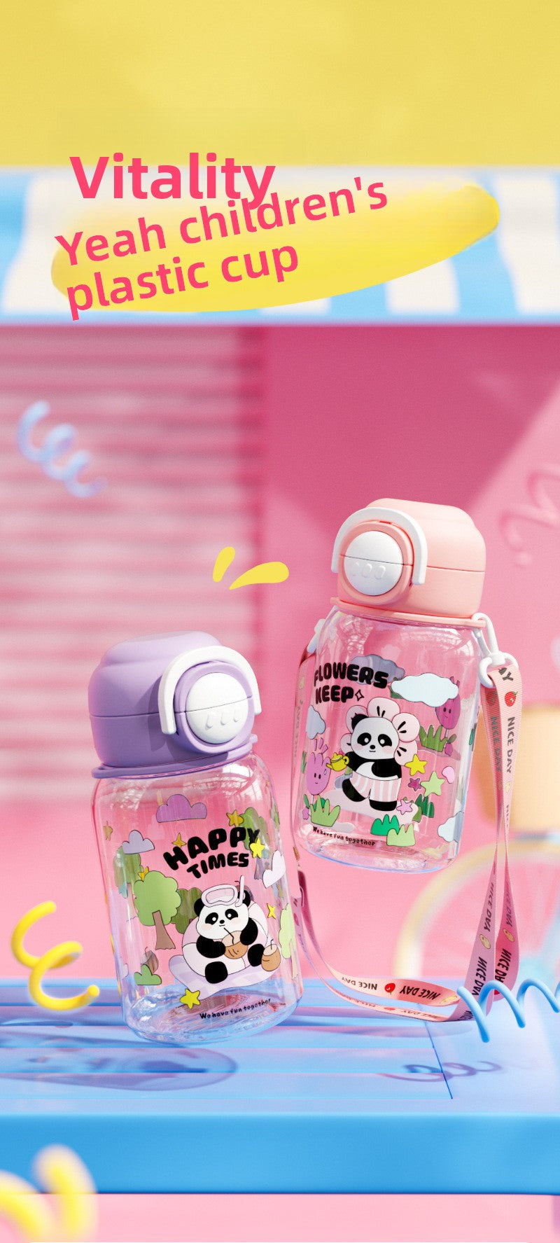 Cartoon Strap Plastic Cup Children's Panda Straw Cup Student Portable