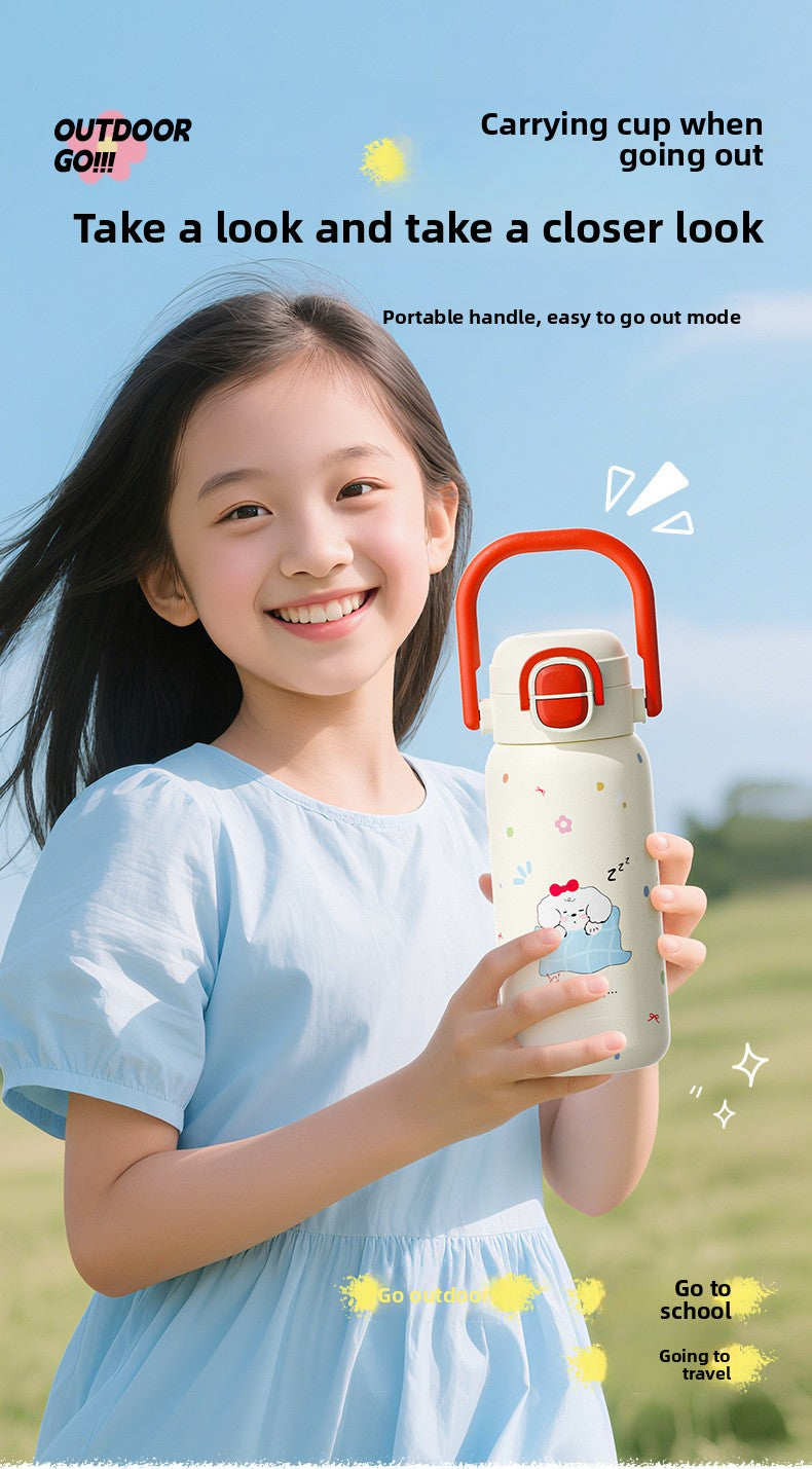 316L Cartoon Children's Insulated Cup Double Drinking Straw Cup Student Portable Water Cup
