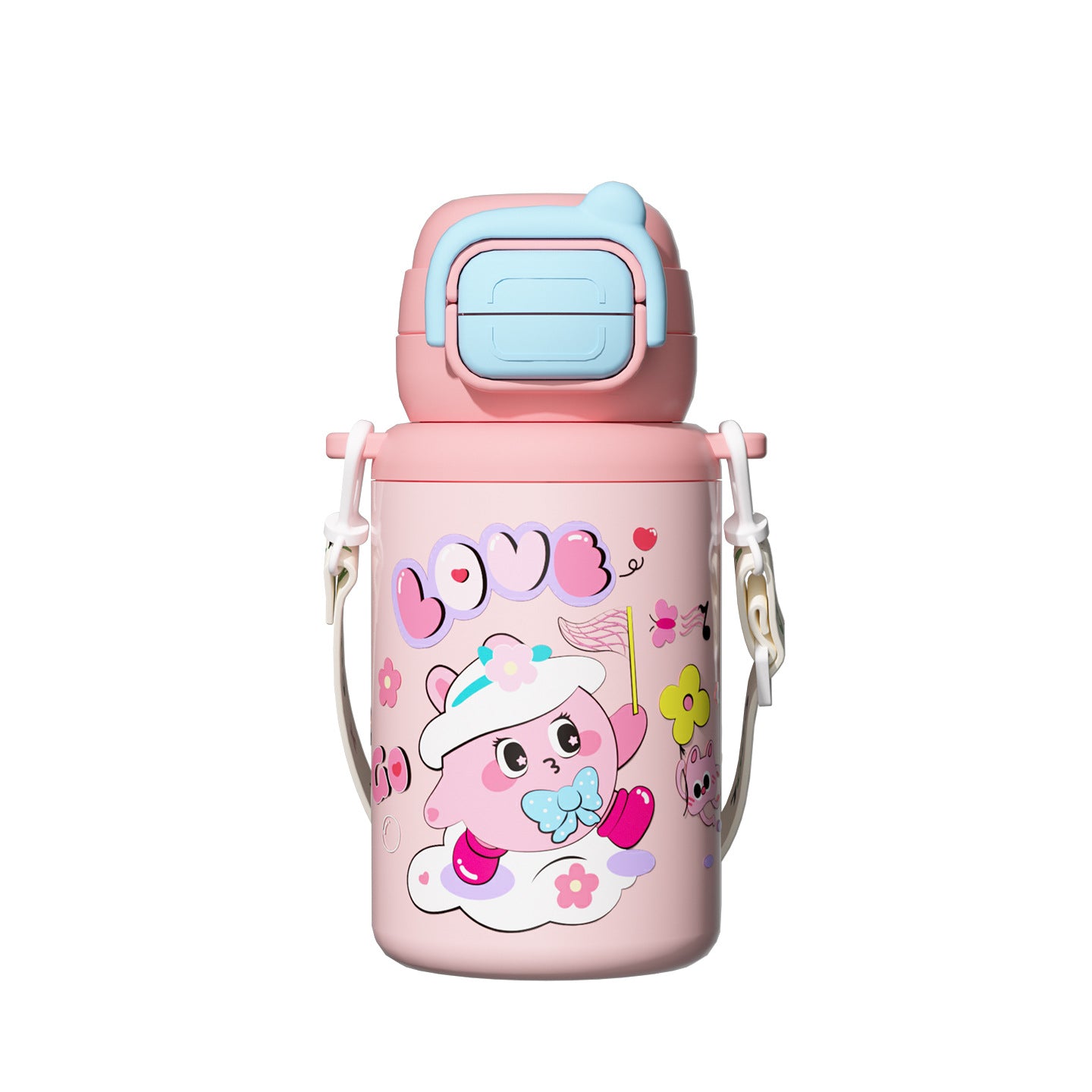 Cartoon Children's Double Drinking 316 Stainless Steel Insulated Cup Student Straw Cup Portable Strap