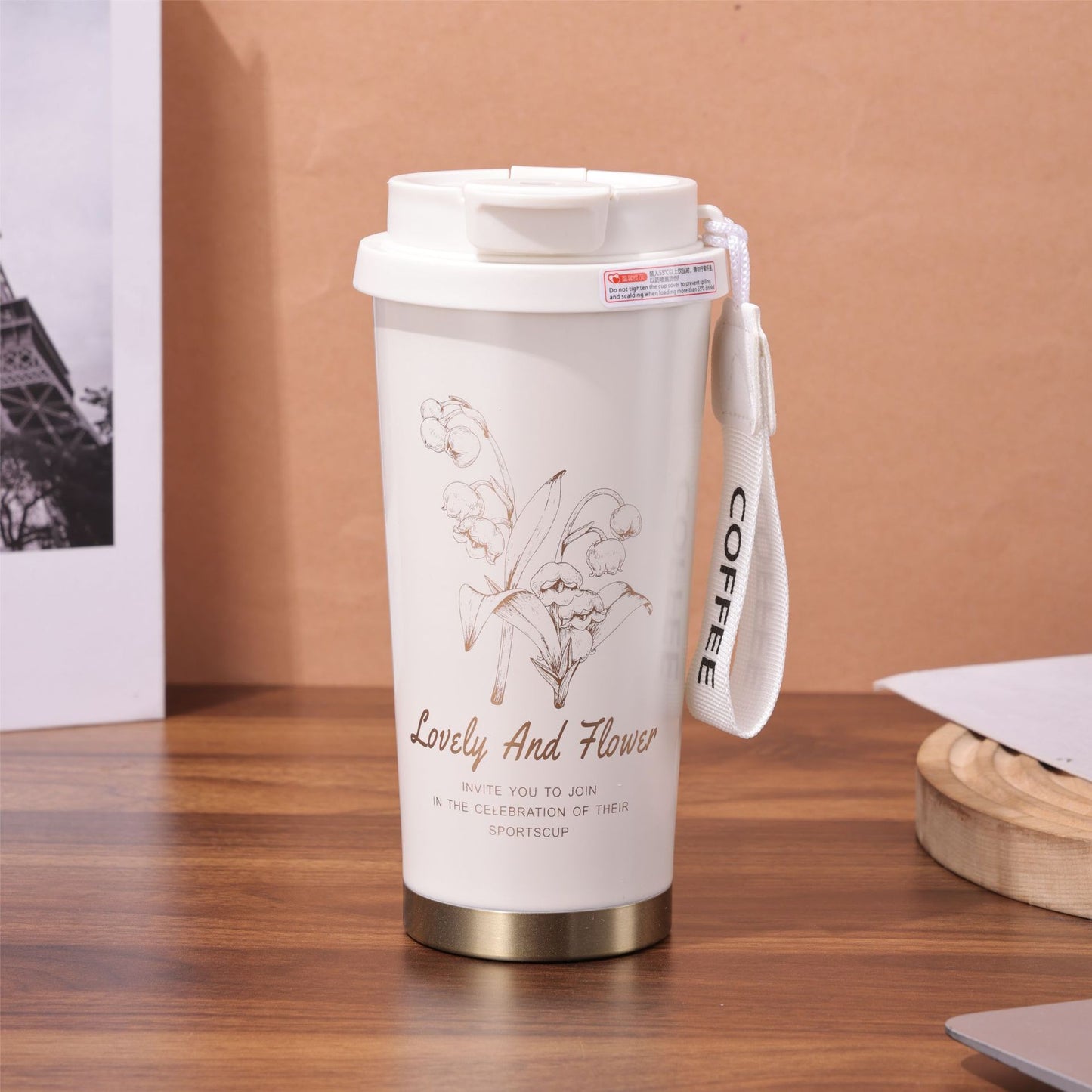 Chinese Style Floral Coffee Cup Double Drinking 304 Stainless Steel Insulated Cup