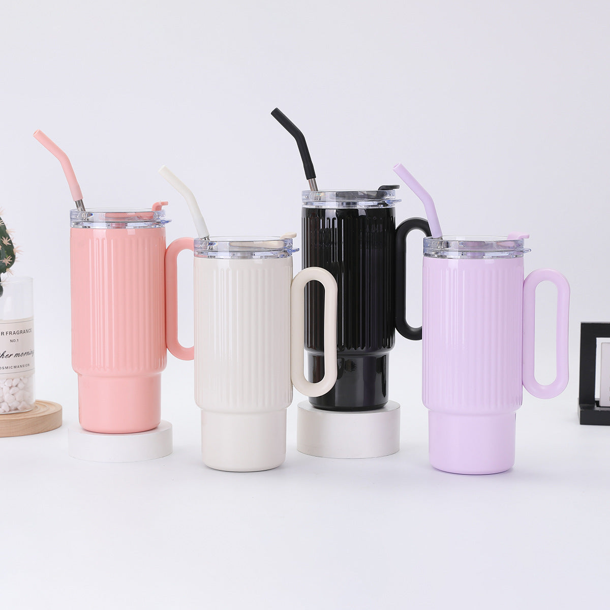 Striped 40oz Large Capacity Straw Cup 304 Stainless Steel Handle Portable