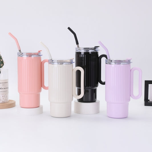 Striped 40oz Large Capacity Straw Cup 304 Stainless Steel Handle Portable