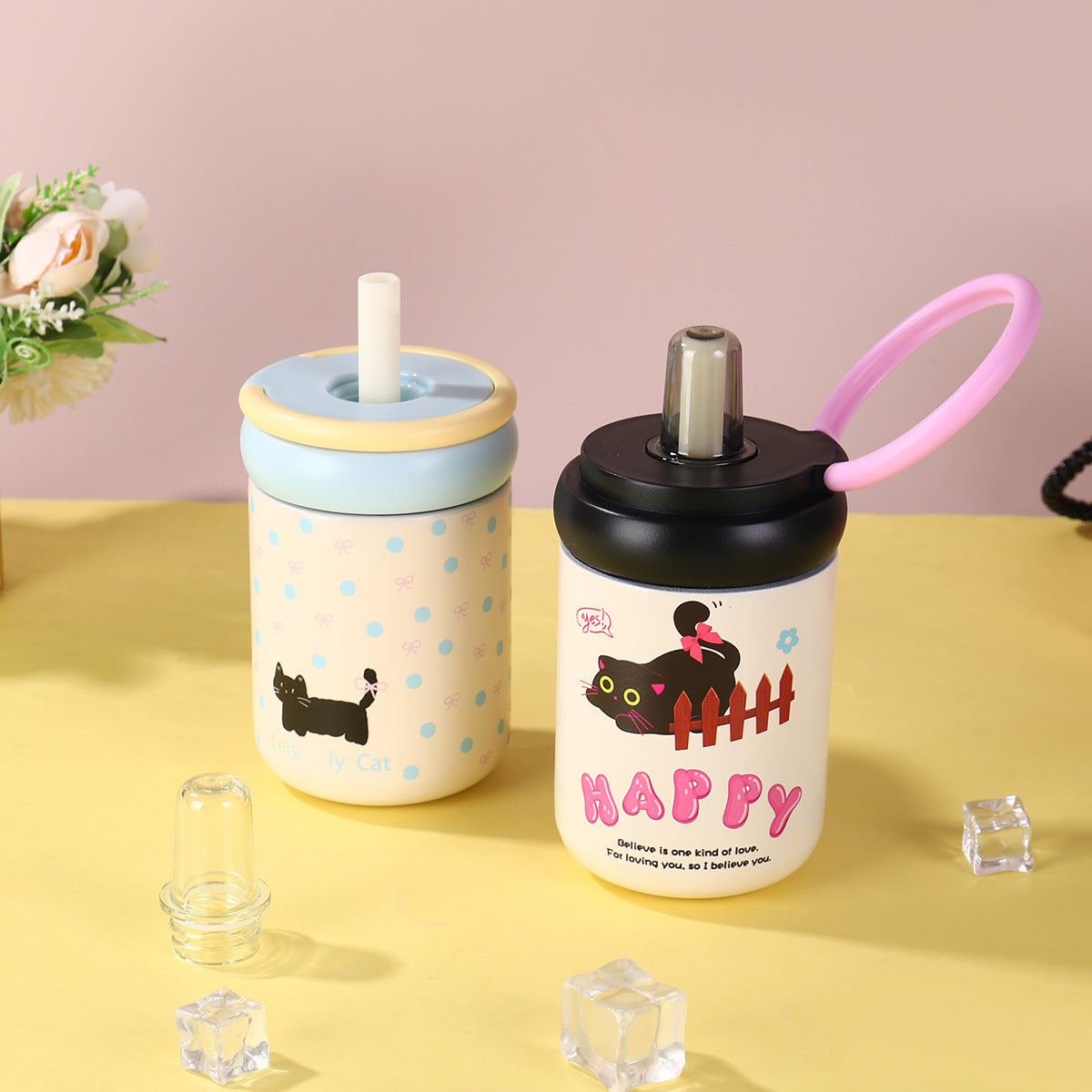 316 Stainless Steel Cute Kitten Straw Insulated Cup