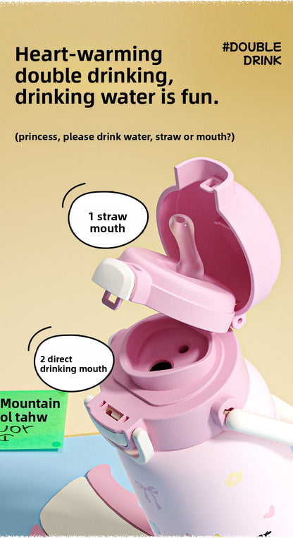 316L Cartoon Children's Insulated Cup Double Drinking Straw Cup Student Portable Water Cup