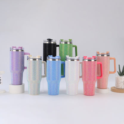 40oz Diamond-Studded Portable Insulated Cup with Handle for Car Use