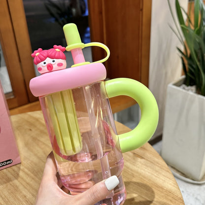Large Capacity Plastic Cup Cute Straw Handle Cup Outdoor Sports Fitness Office