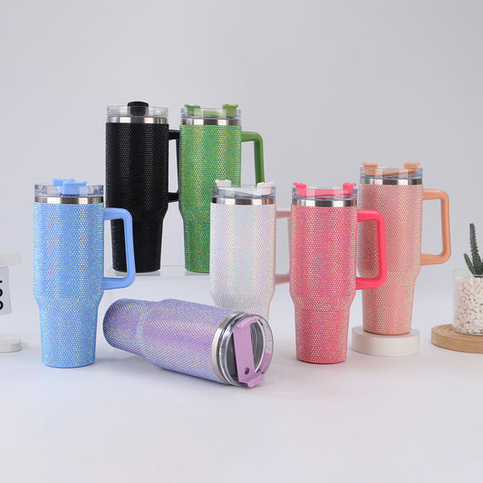 40oz Diamond-Studded Portable Insulated Cup with Handle for Car Use