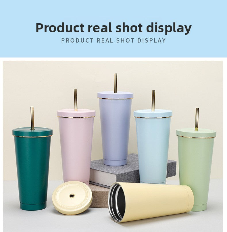 304 stainless steel gold-rimmed lid straw cup large capacity portable cup fashion gift coffee cup