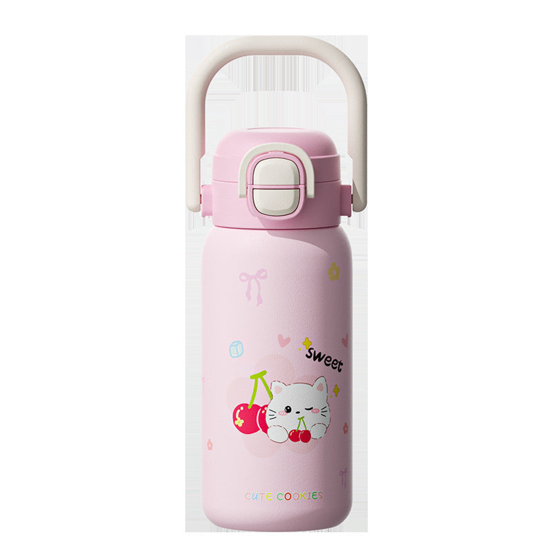 316L Cartoon Children's Insulated Cup Double Drinking Straw Cup Student Portable Water Cup