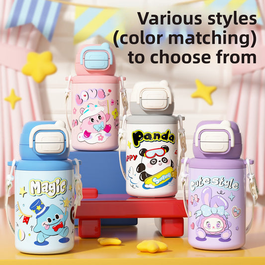 316 Stainless Steel Cartoon Pattern Children's Insulated Water Bottle with Strap and Pop-up Lid