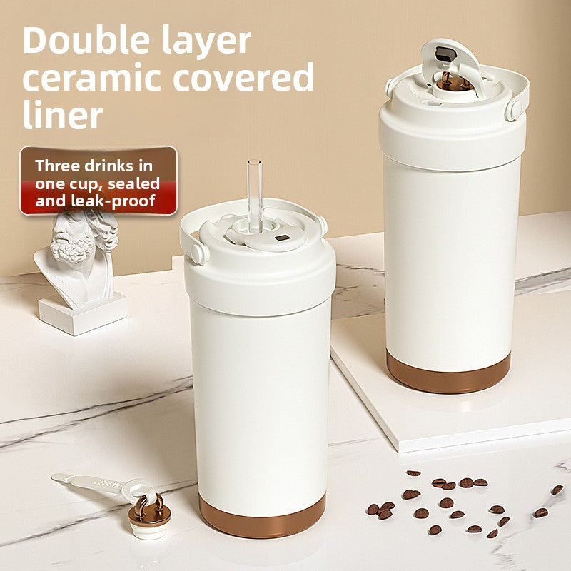 316 Stainless Steel Coffee Cup Double Drinking Straw Cup Handheld Portable