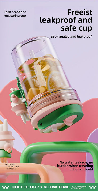 Plastic Coffee Cup Cartoon Doll Cup One-click Opening Portable Rope