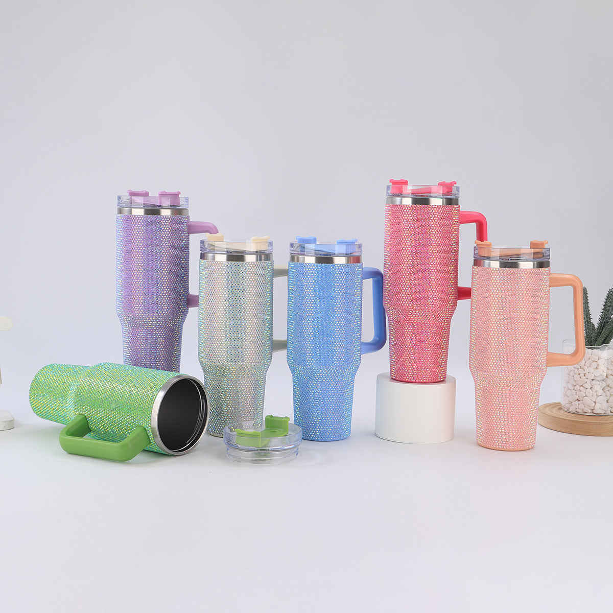 40oz Diamond-Studded Portable Insulated Cup with Handle for Car Use