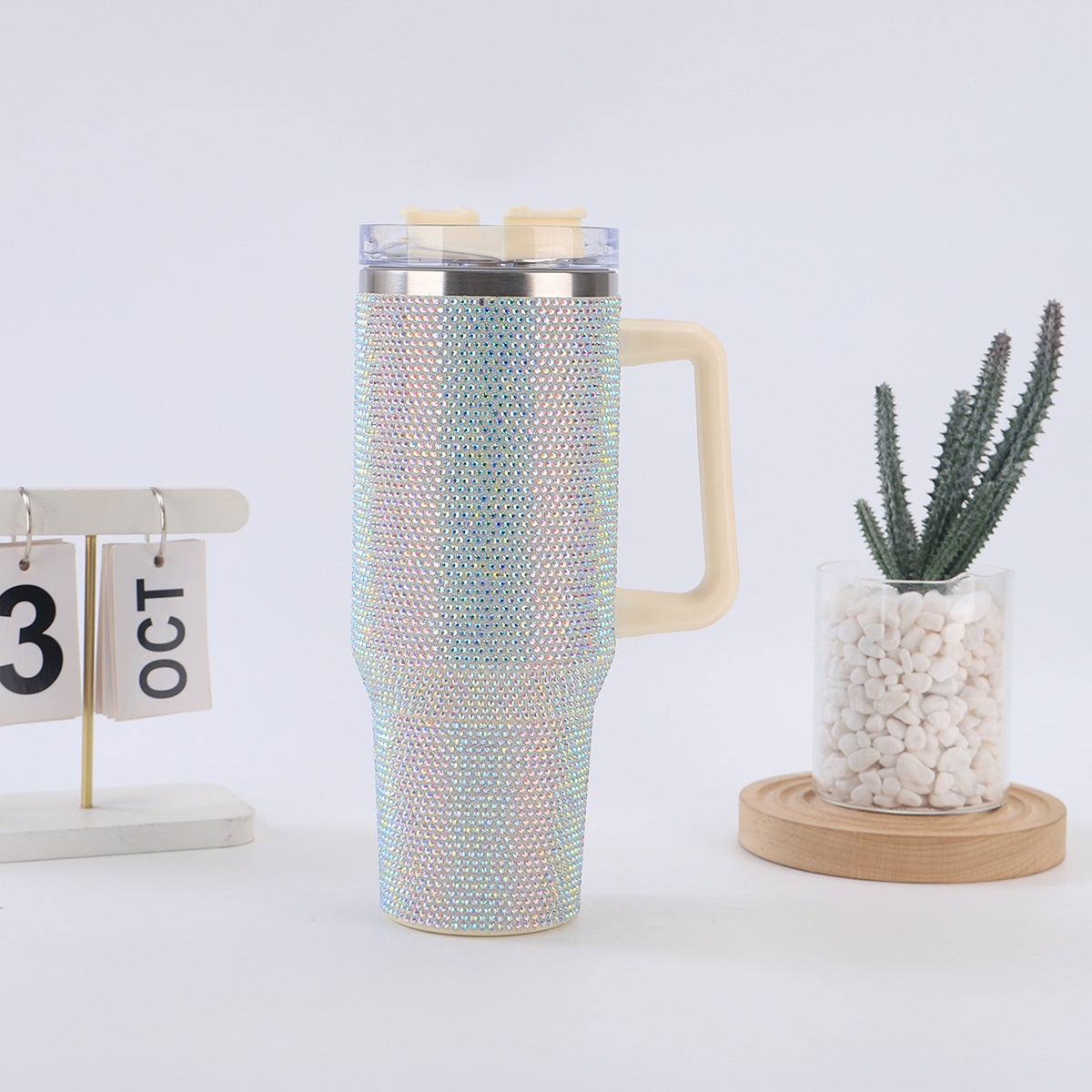 40oz Diamond-Studded Portable Insulated Cup with Handle for Car Use