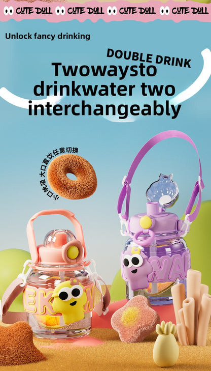 Cartoon Plastic Water Cup One-Click Open Lid Straw Outdoor Portable