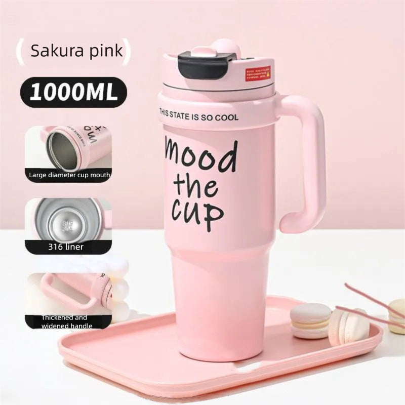 Handle Straw Insulated Cup Compatible with Car Cup Holder
