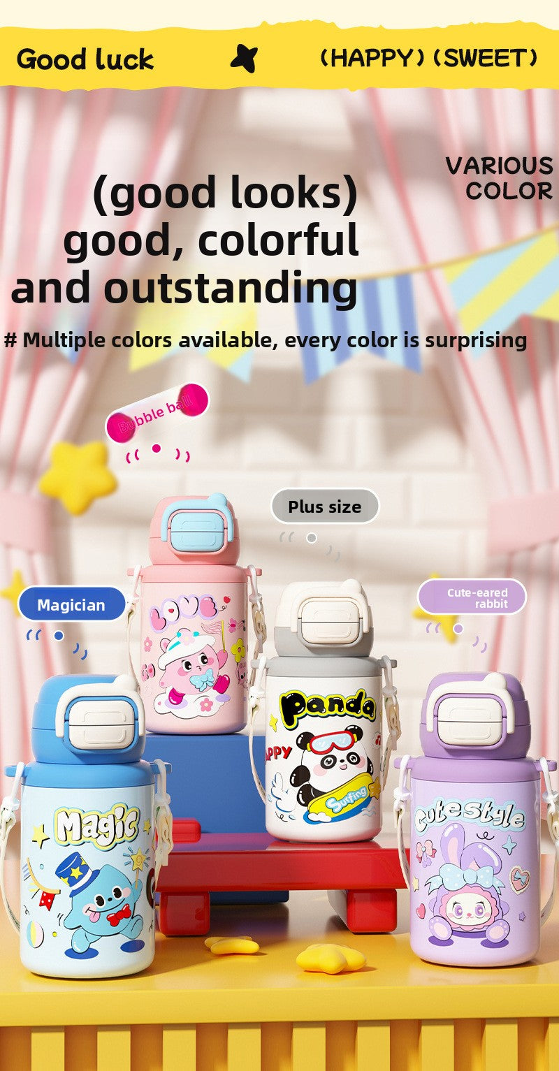 316 Stainless Steel Cartoon Pattern Children's Insulated Water Bottle with Strap and Pop-up Lid