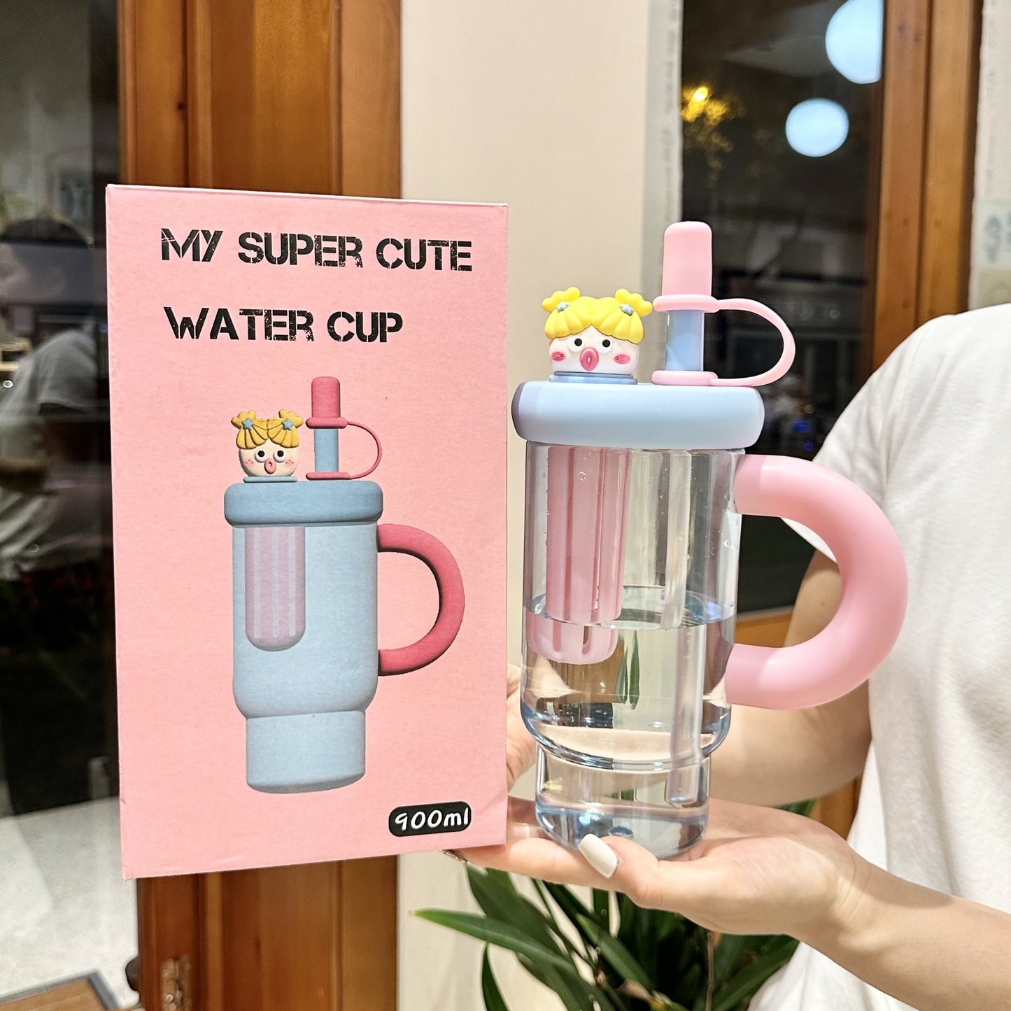 Large Capacity Plastic Cup Cute Straw Handle Cup Outdoor Sports Fitness Office