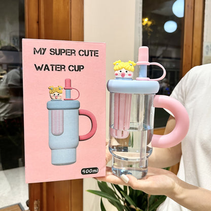 Large Capacity Plastic Cup Cute Straw Handle Cup Outdoor Sports Fitness Office