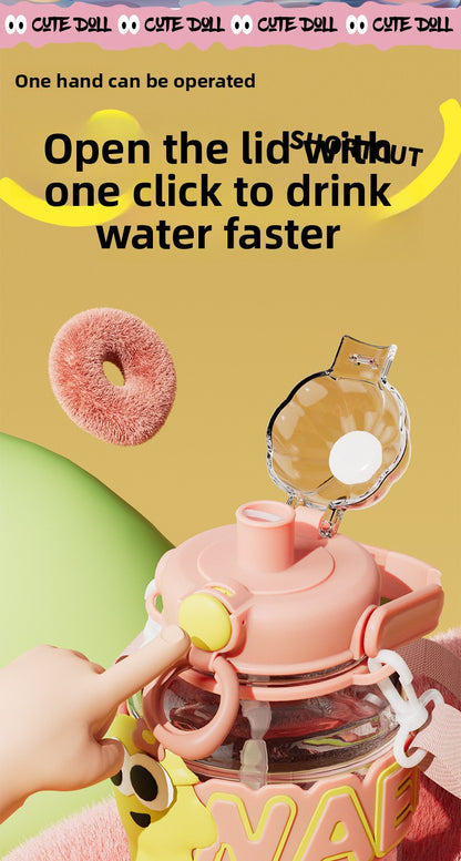 Cartoon Plastic Water Cup One-Click Open Lid Straw Outdoor Portable