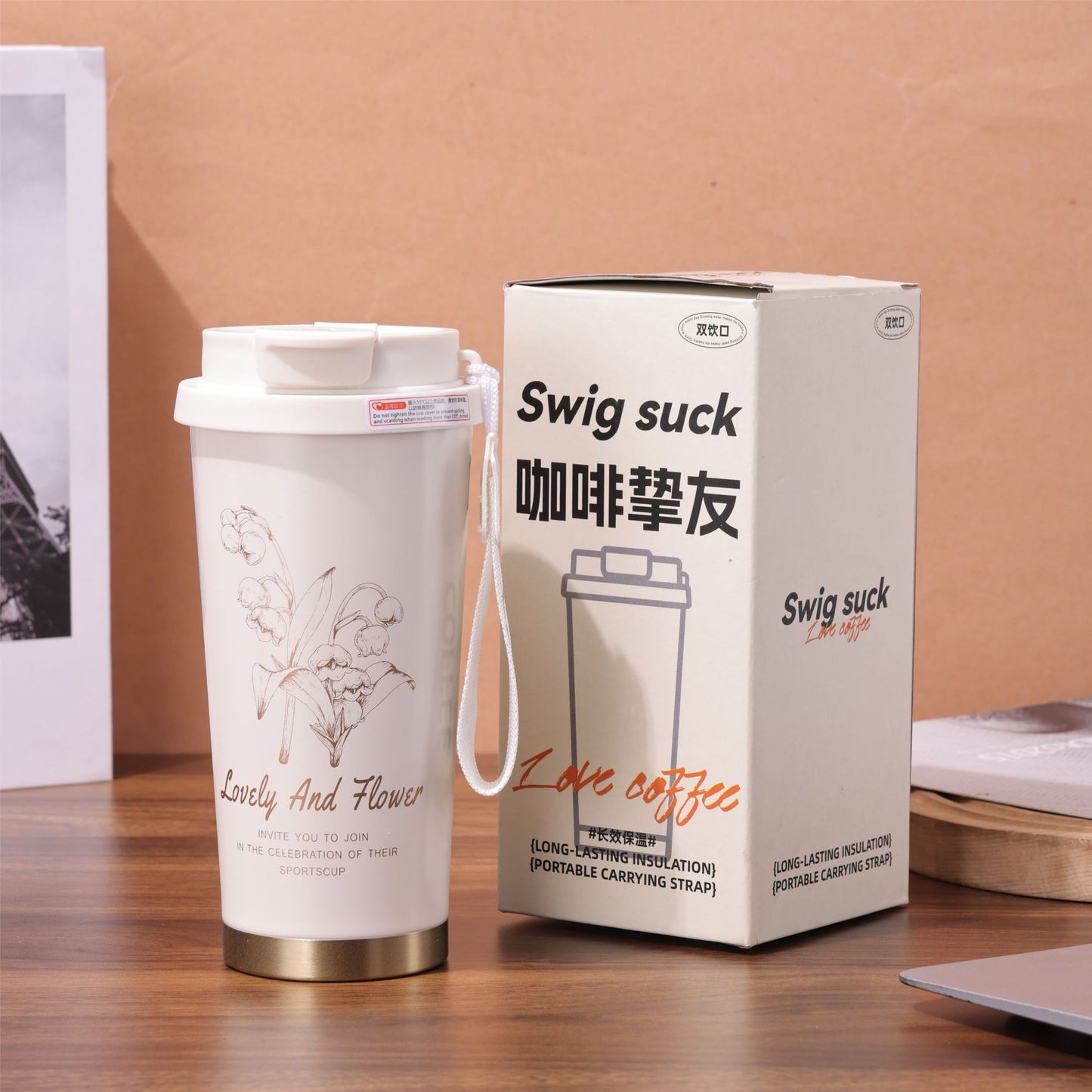 Chinese Style Floral Coffee Cup Double Drinking 304 Stainless Steel Insulated Cup