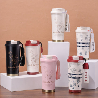 Chinese Style Floral Coffee Cup Double Drinking 304 Stainless Steel Insulated Cup