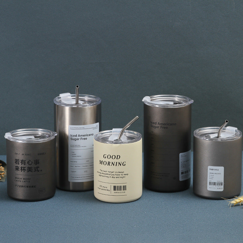 304 Stainless Steel Iced Americano Coffee Cup Simple Office Portable Straw
