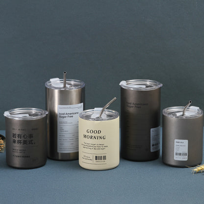 304 Stainless Steel Iced Americano Coffee Cup Simple Office Portable Straw