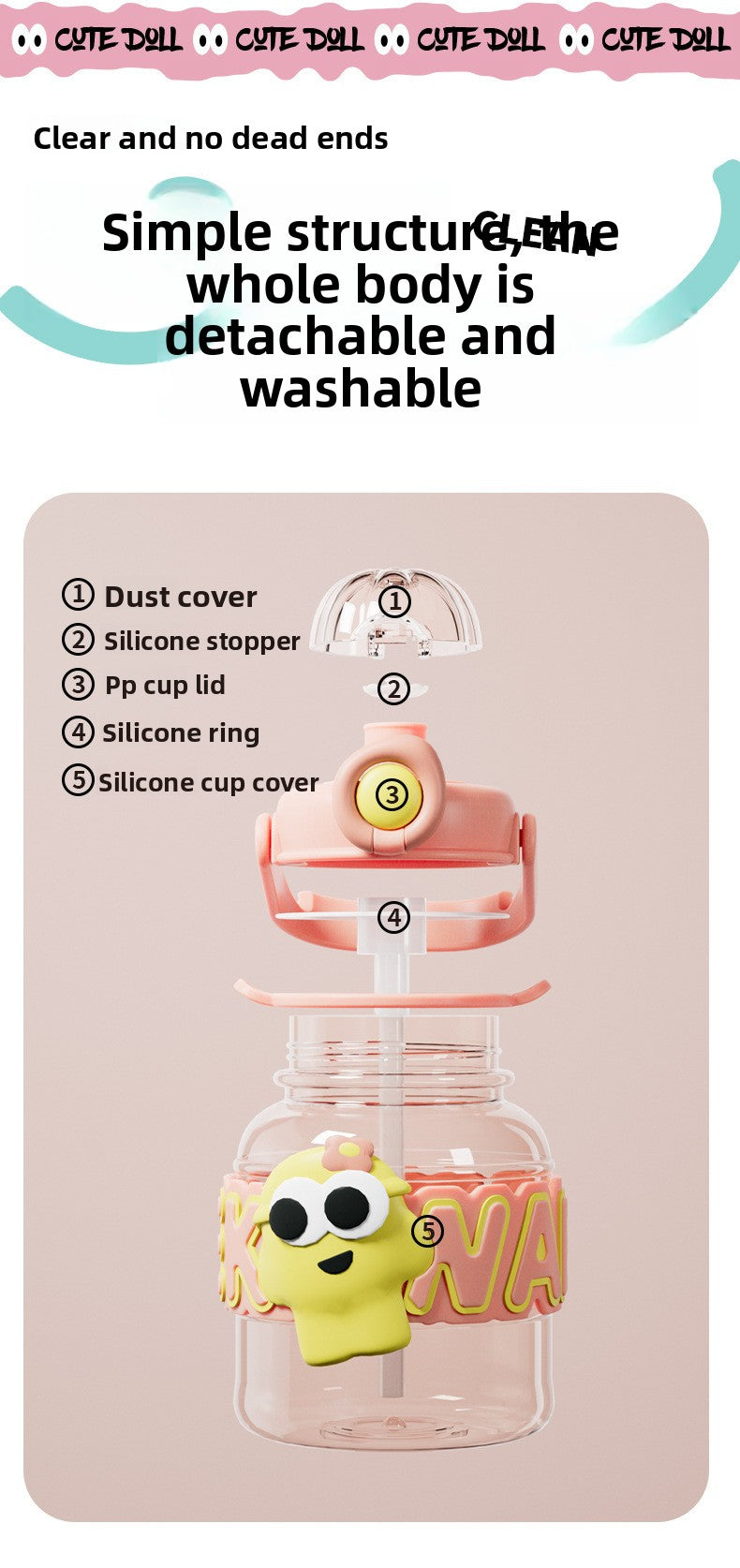 Cartoon Plastic Water Cup One-Click Open Lid Straw Outdoor Portable