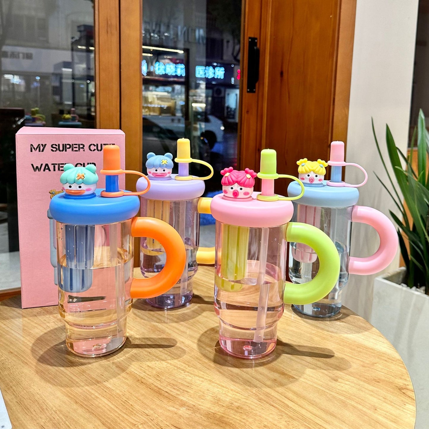 Large Capacity Plastic Cup Cute Straw Handle Cup Outdoor Sports Fitness Office