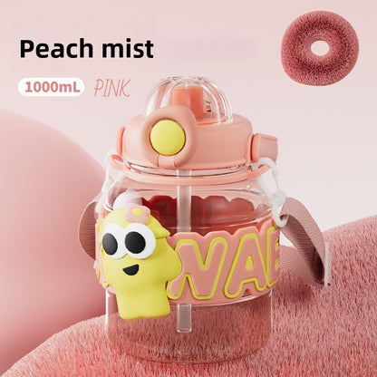 Cartoon Plastic Water Cup One-Click Open Lid Straw Outdoor Portable