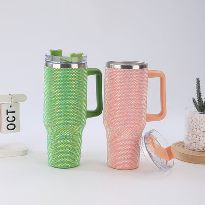 40oz Diamond-Studded Portable Insulated Cup with Handle for Car Use