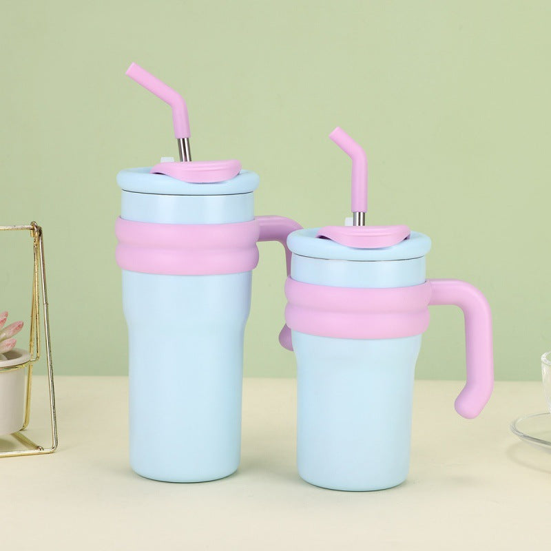 304 Stainless Steel Handle Color-Block Large Capacity Portable Insulated Straw Cup