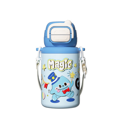 Cartoon Children's Double Drinking 316 Stainless Steel Insulated Cup Student Straw Cup Portable Strap