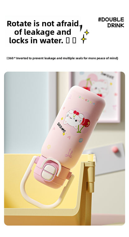 316L Cartoon Children's Insulated Cup Double Drinking Straw Cup Student Portable Water Cup