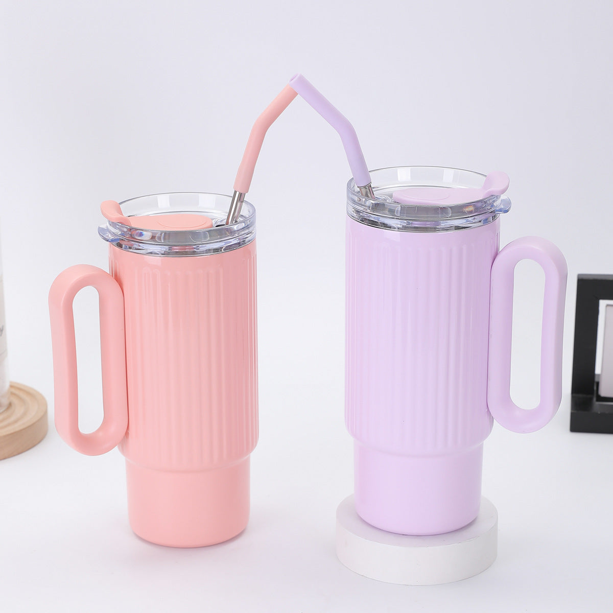Striped 40oz Large Capacity Straw Cup 304 Stainless Steel Handle Portable