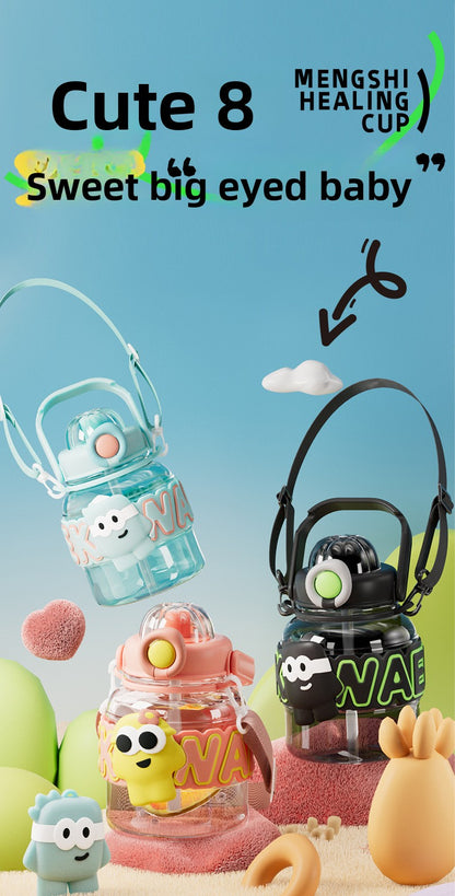 Cartoon Plastic Water Cup One-Click Open Lid Straw Outdoor Portable
