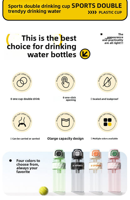Straw Plastic Water Cup Double Drinking Outdoor Large Capacity Fitness Sports Water Bottle