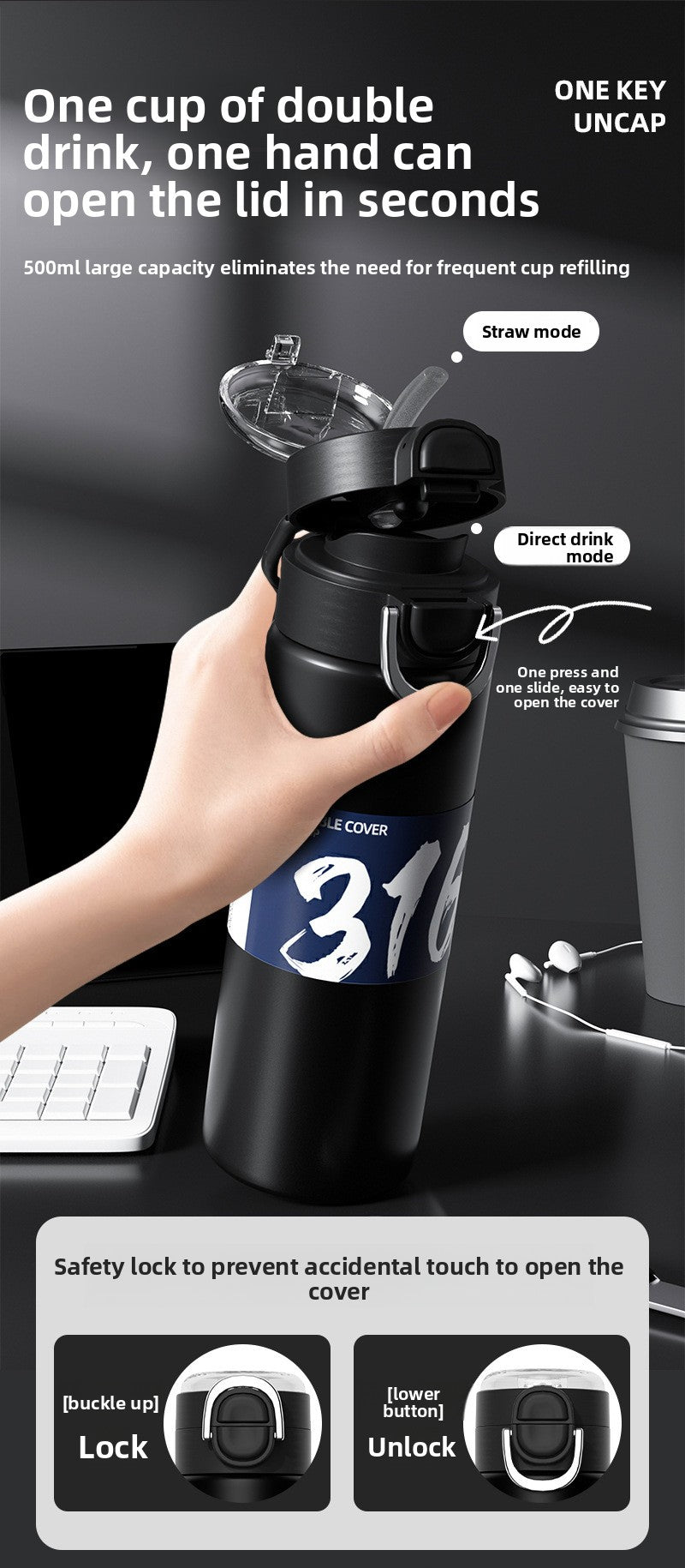 316 Stainless Steel Insulated Cup Portable Straw Cup Double Drinking Bounce Cup